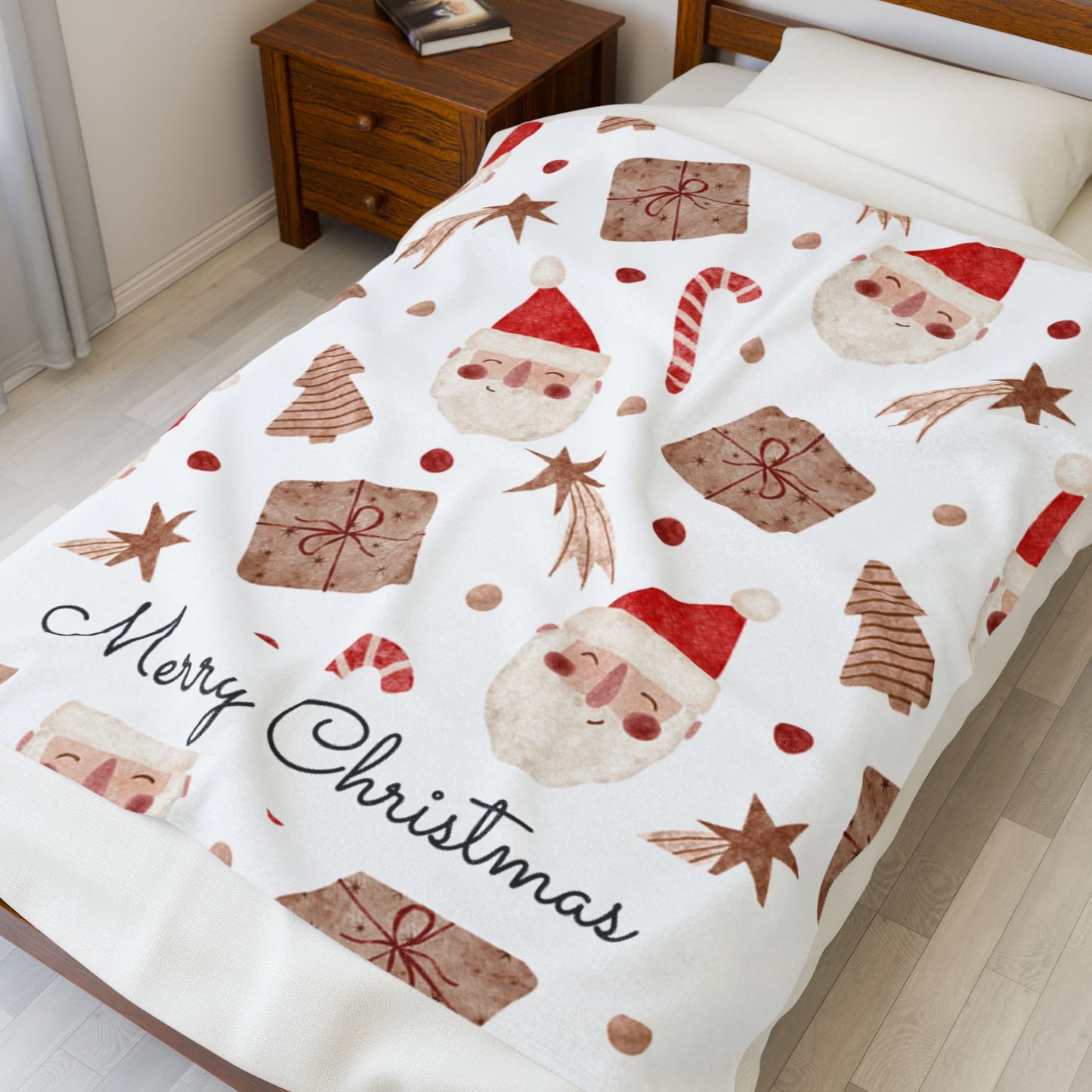"Merry Christmas" Velveteen Plush Blanket, Santa & Gifts Holiday Throw