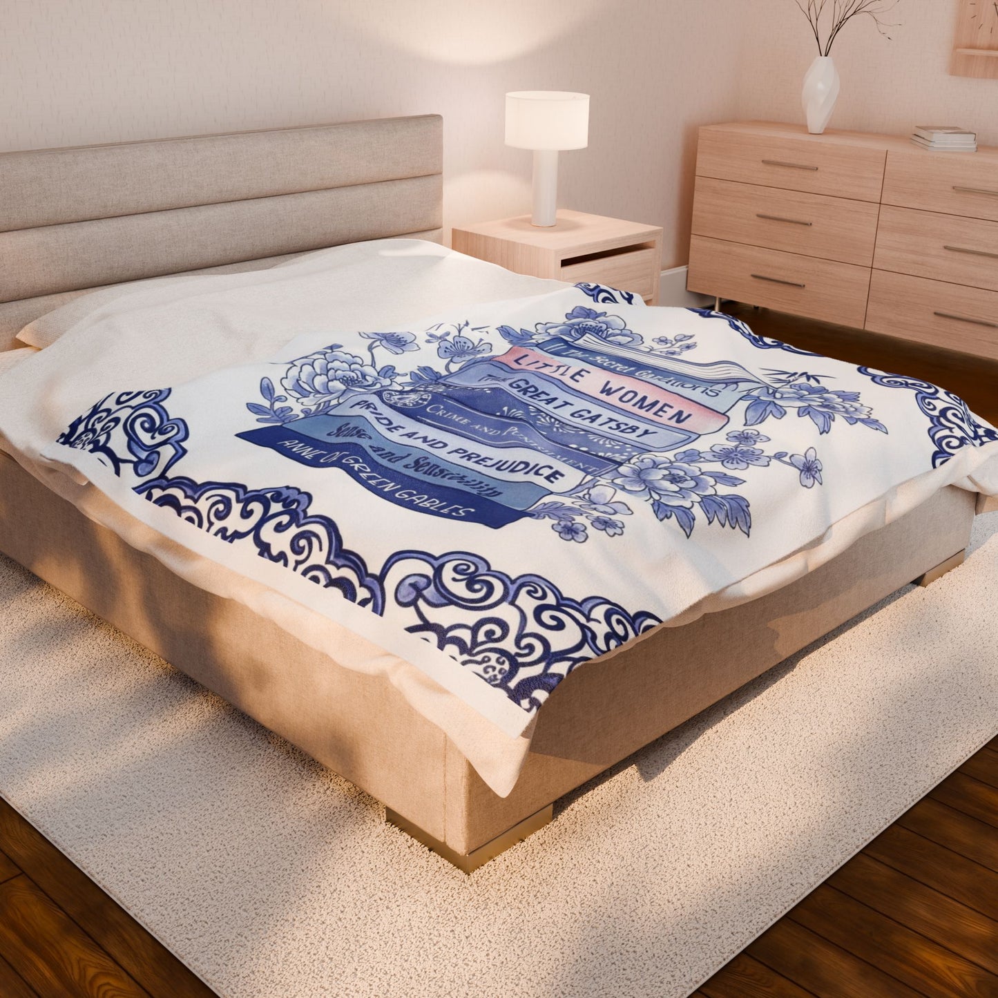 Book Lover Velvet Blanket - Literary Gift, Chinoiserie Style