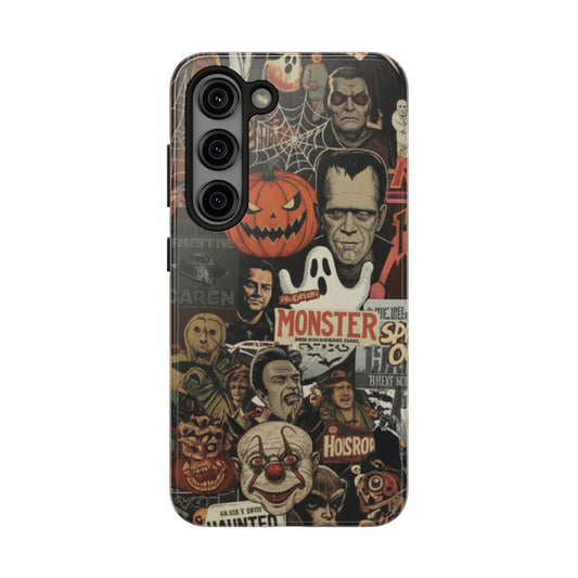 Phone case with Halloween-themed design featuring characters and text on a white background
