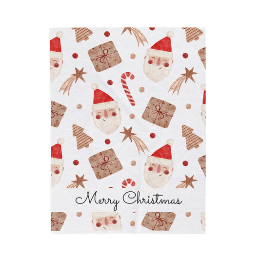 "Merry Christmas" Velveteen Plush Blanket, Santa & Gifts Holiday Throw