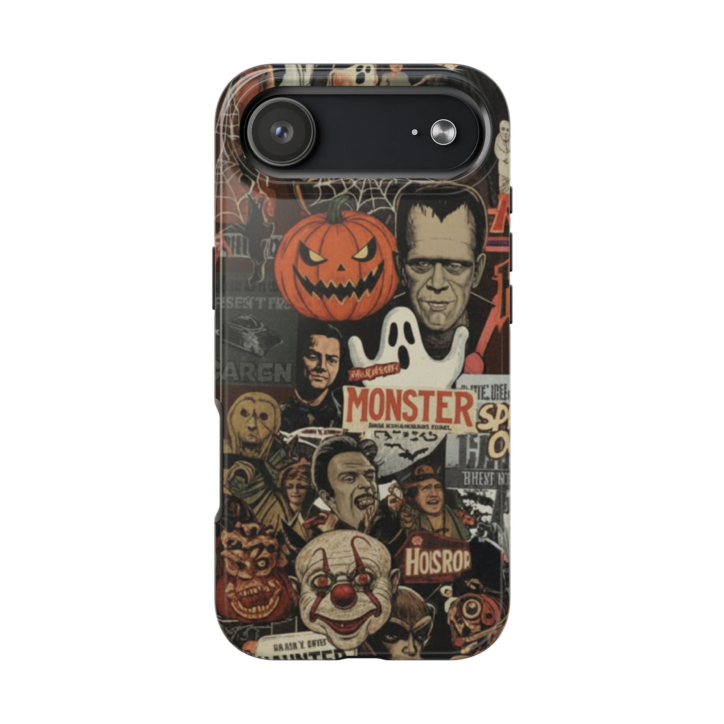 Retro Horror Halloween, Phone Case, Ghostface & Pumpkin Art, Trendy Hard Phone Cover for iPhone 17 Pro Max, Samsung S21 al S24