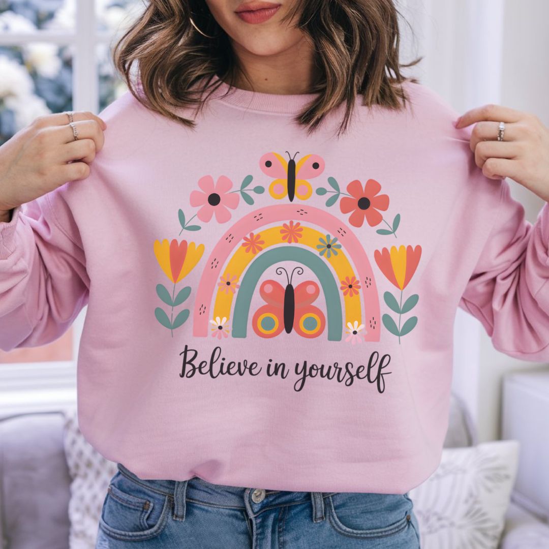 Inspirational Rainbow Sweatshirt | Cozy 'Believe in Yourself' Gift