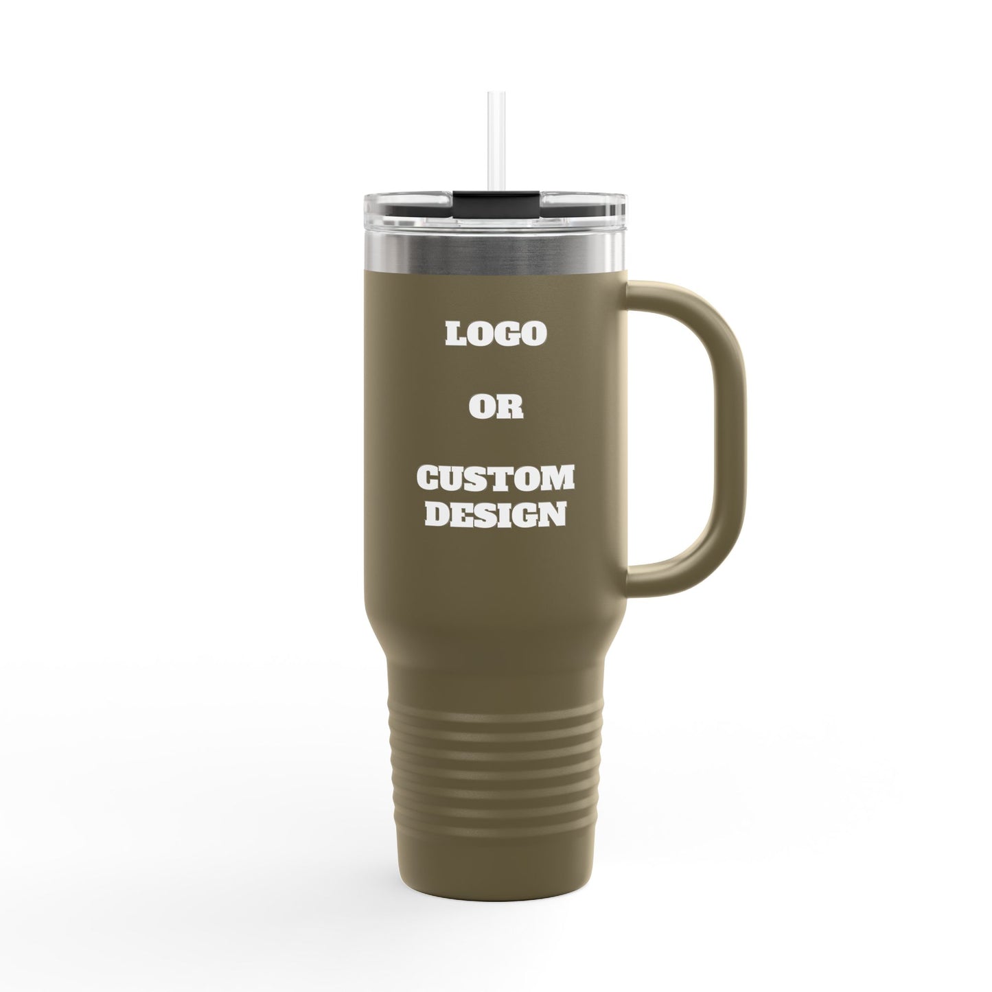Brown travel mug with a straw on a white background