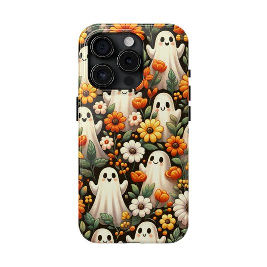 Phone case with ghost and floral design on a white background