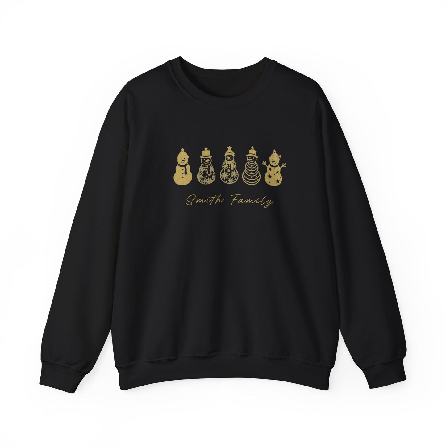 Personalized family Christmas sweaters, Christmas outfits for siblings, children, babies, couples - Snowman Crewneck Sweatshirt, Gold Holiday Snowmen Graphic.