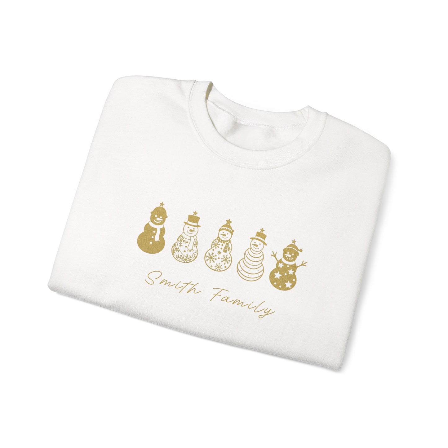 Personalized family Christmas sweaters, Christmas outfits for siblings, children, babies, couples - Snowman Crewneck Sweatshirt, Gold Holiday Snowmen Graphic.
