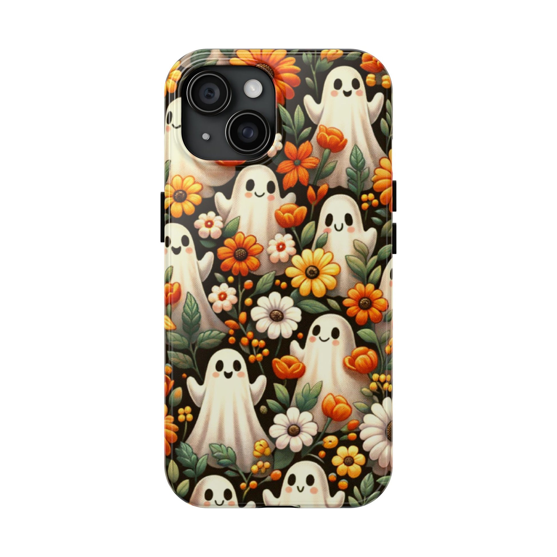 Phone case with cartoon ghosts and flowers on a white background