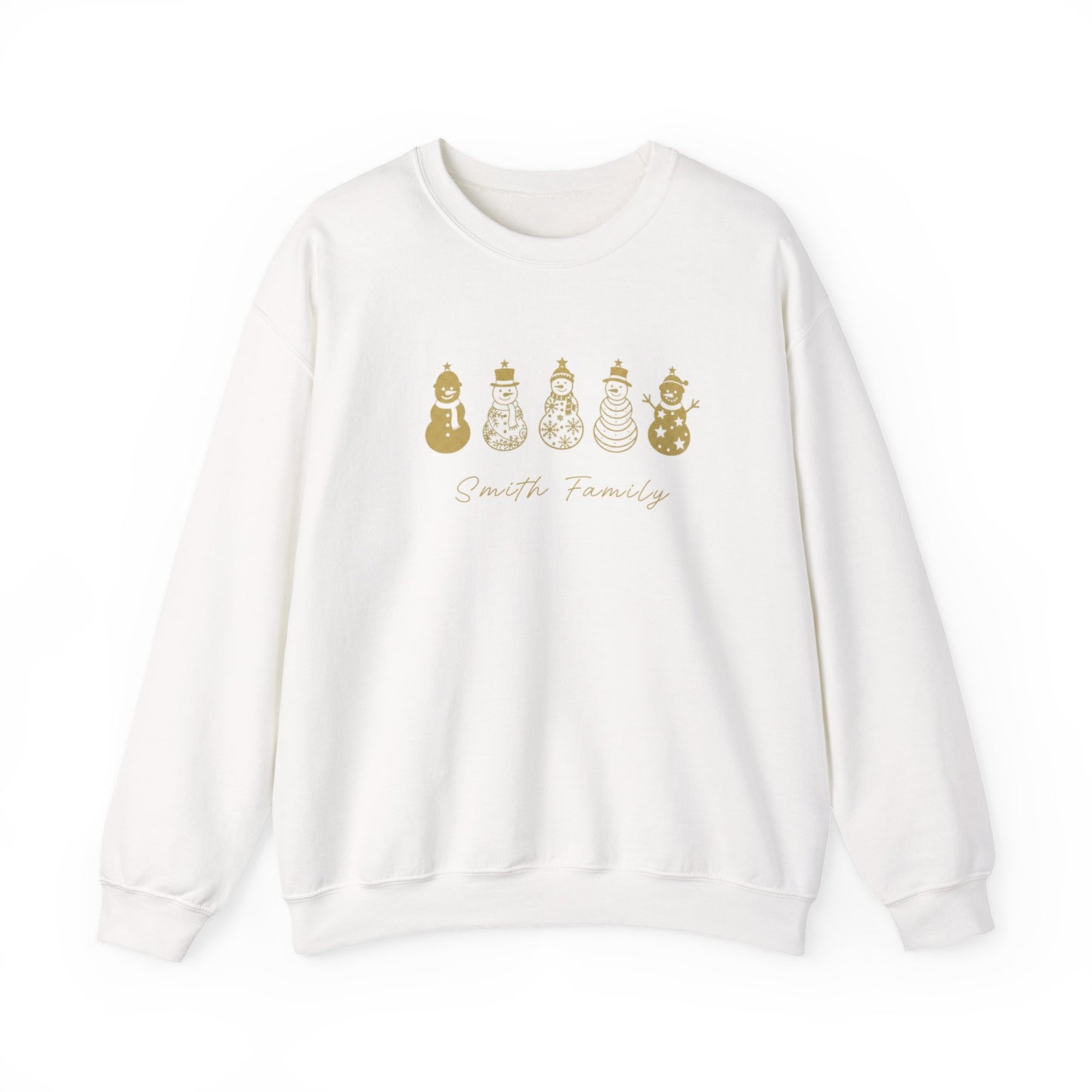 Personalized family Christmas sweaters, Christmas outfits for siblings, children, babies, couples - Snowman Crewneck Sweatshirt, Gold Holiday Snowmen Graphic.