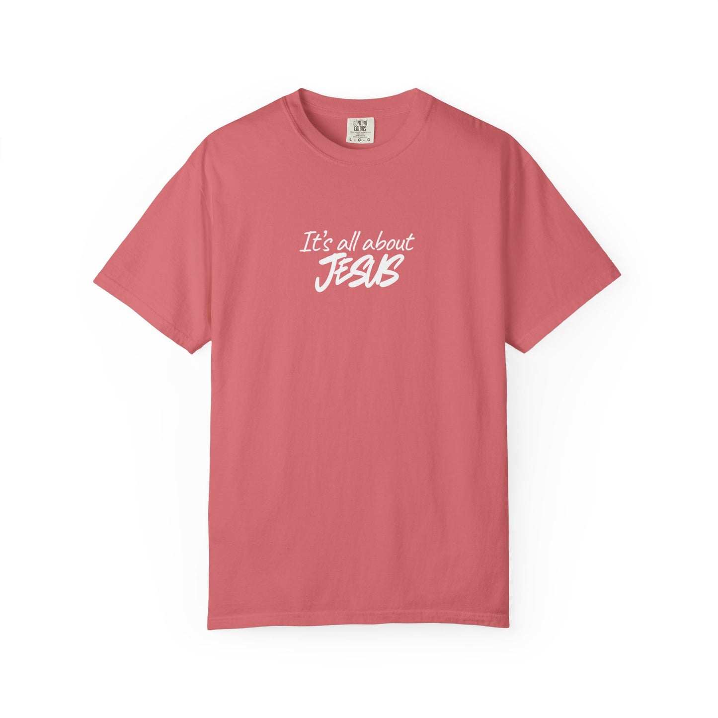 Pink t-shirt with 'It's all about Jesus' text on a white background