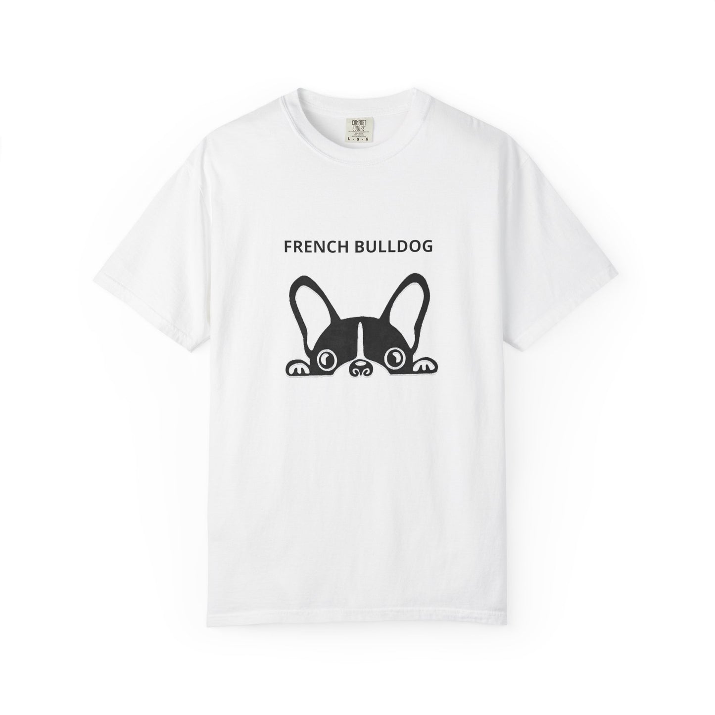 White t-shirt with black 'French Bulldog' text and graphic on a white background