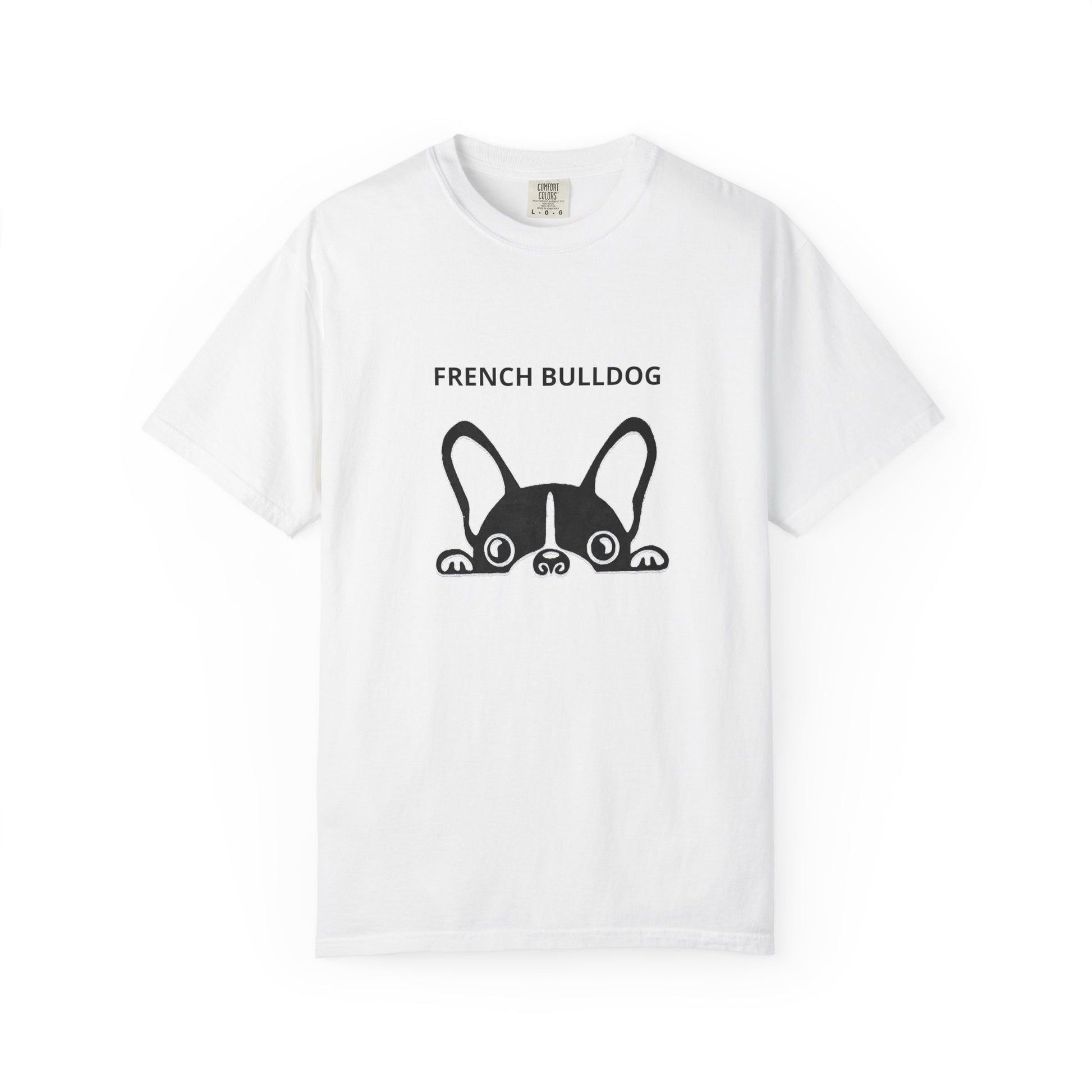 White t-shirt with black 'French Bulldog' text and graphic on a white background