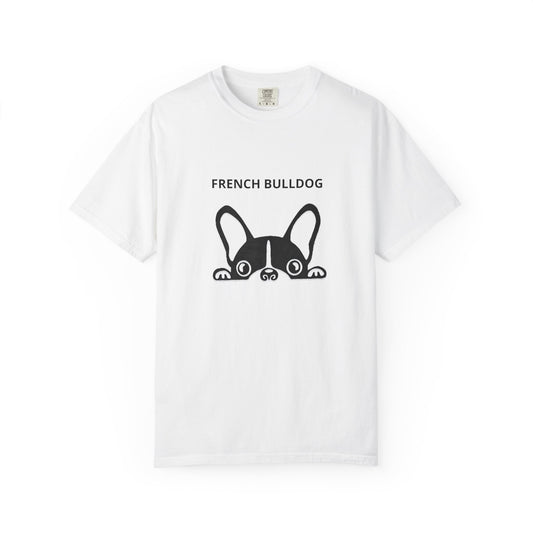 White t-shirt with black 'French Bulldog' text and graphic on a white background