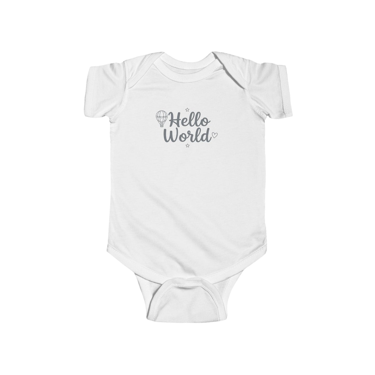 Hello World baby bodysuit white newborn onesie with minimalist text design