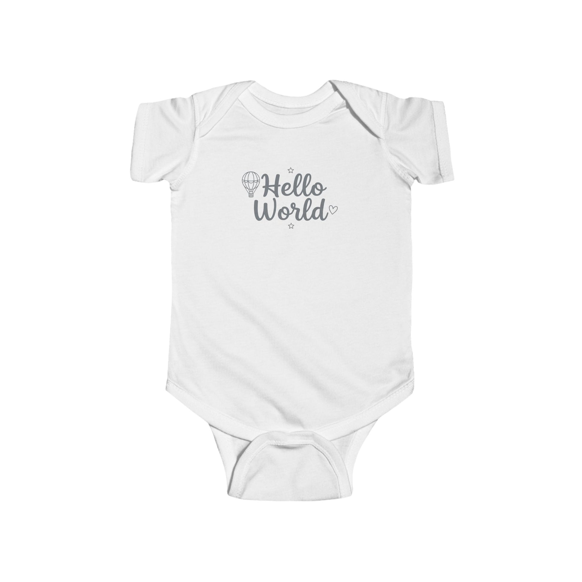 Hello World baby bodysuit white newborn onesie with minimalist text design