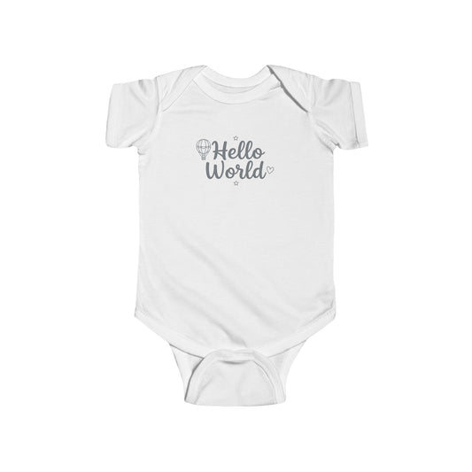 Hello World baby bodysuit white newborn onesie with minimalist text design