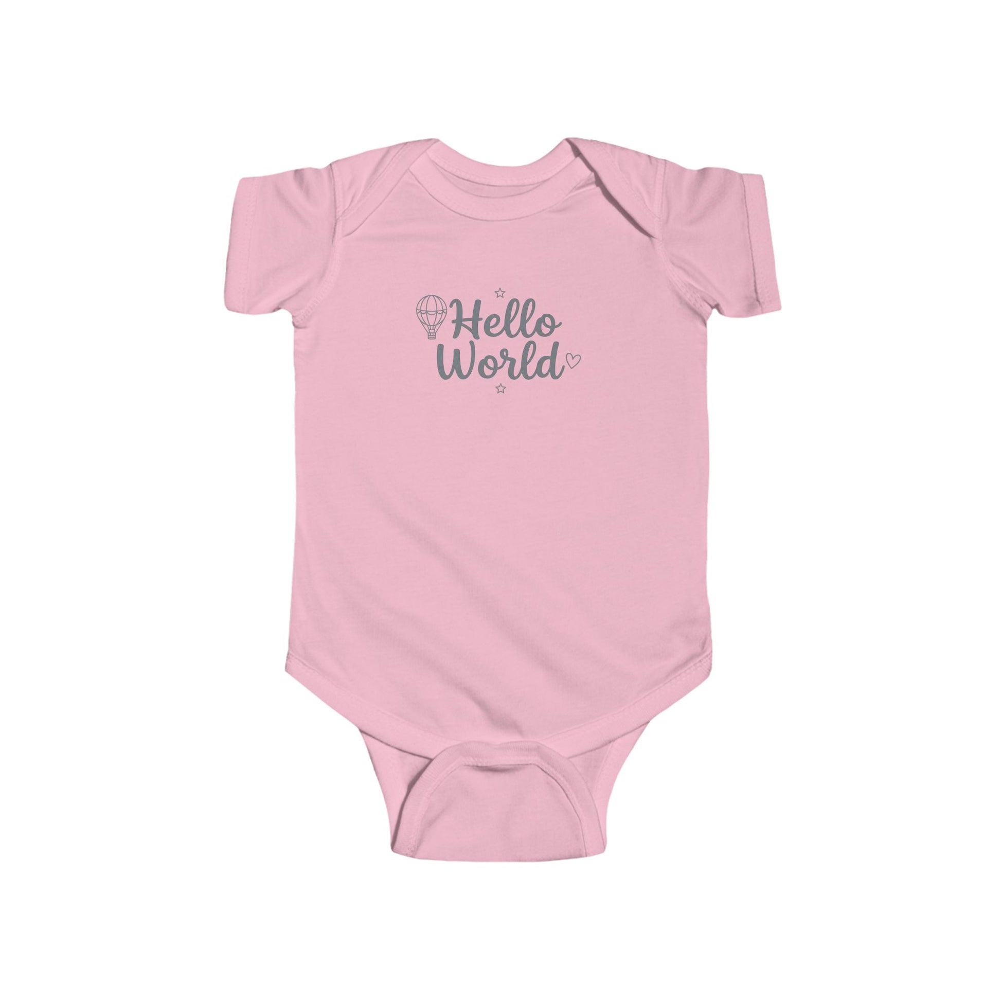 infant onesie Hello World design, comfortable ribbed neckline and snap closure