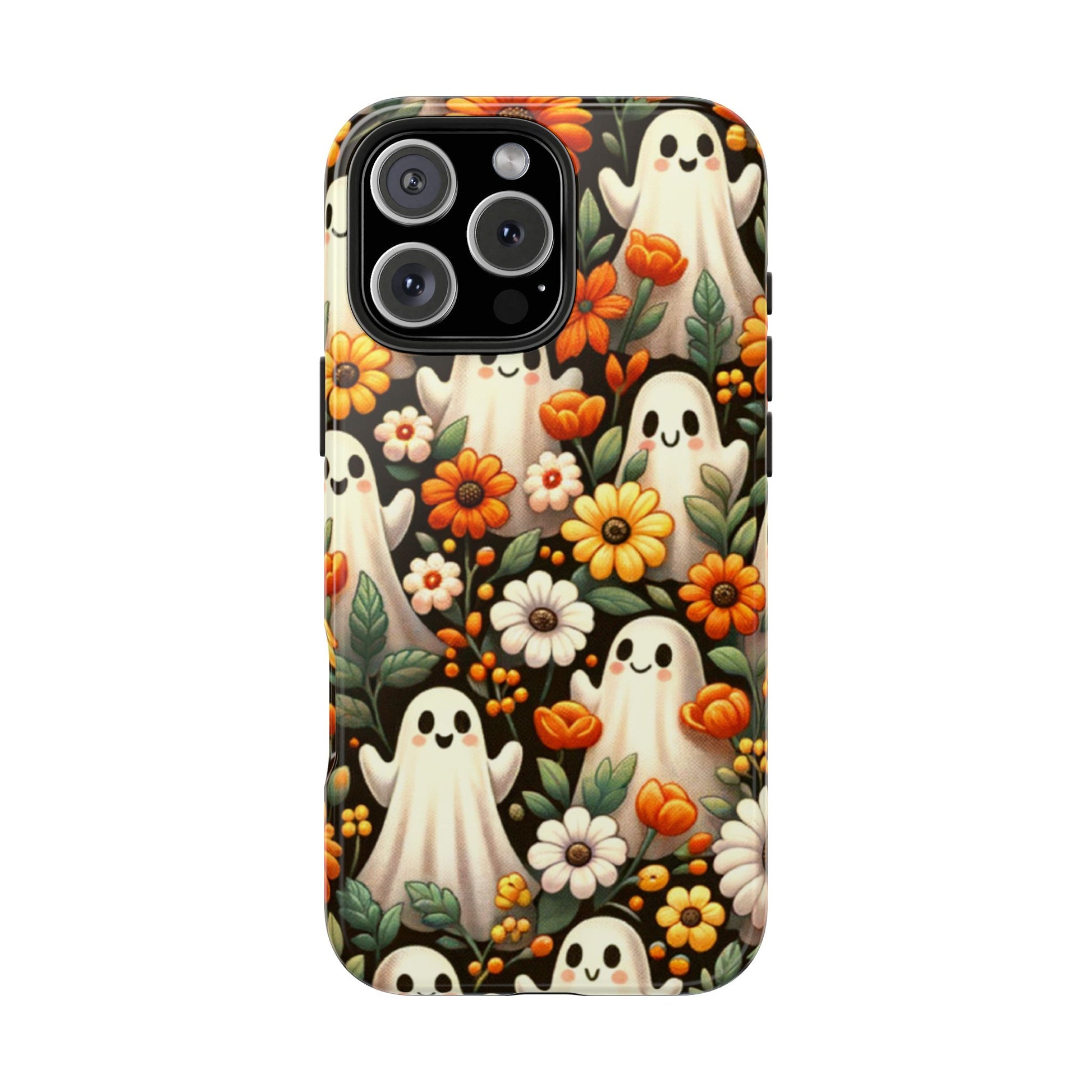 Phone case with ghost and floral design on a white background