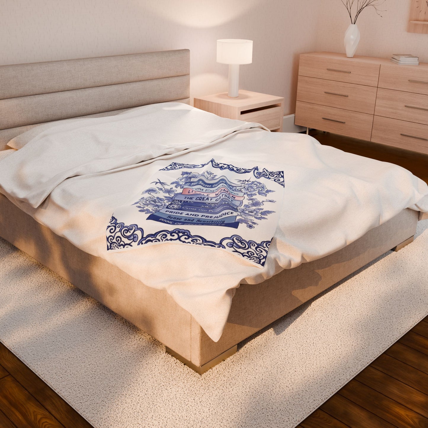 Book Lover Velvet Blanket - Literary Gift, Chinoiserie Style