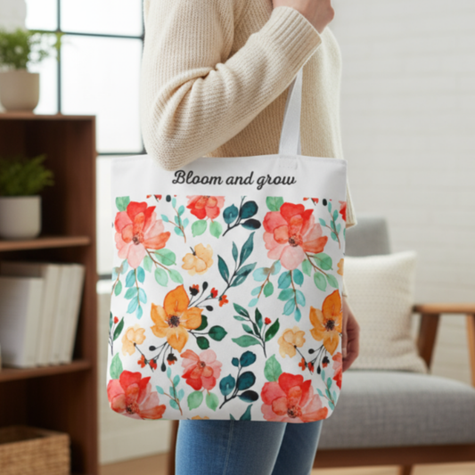 Bloom and Grow floral tote bag with colorful watercolor flowers on white canvas