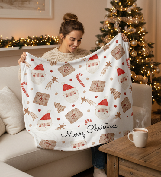 "Merry Christmas" Velveteen Plush Blanket, Santa & Gifts Holiday Throw