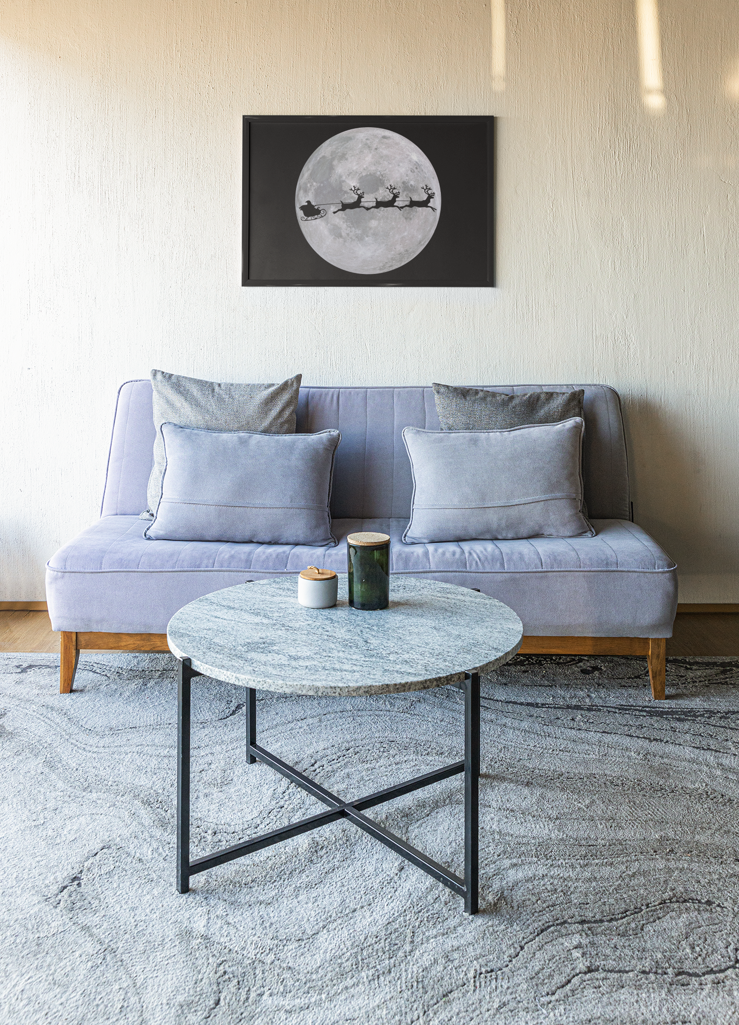 Santa Sleigh Silhouette Canvas, Full Moon Christmas Wall Art