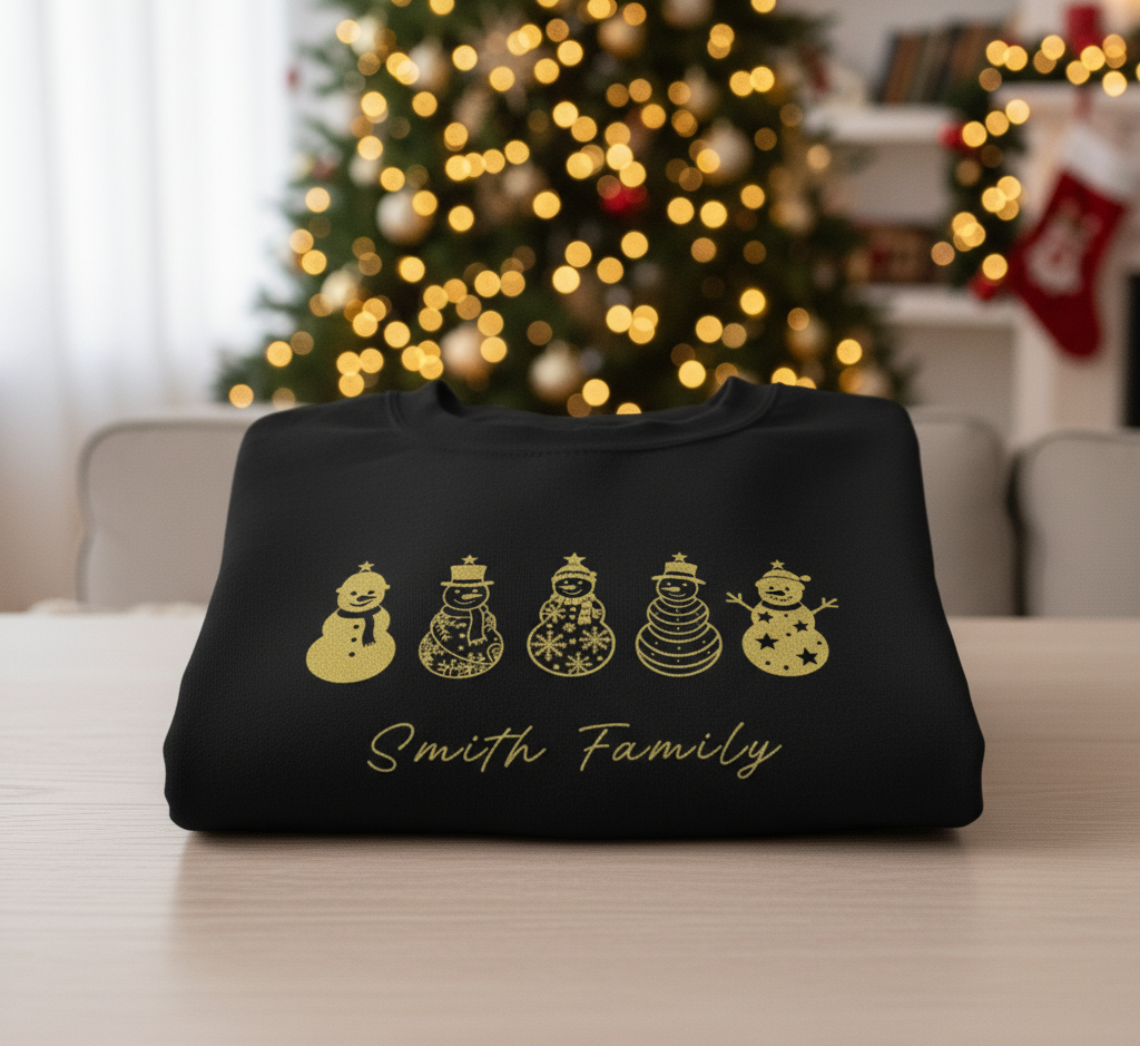 Personalized family Christmas sweaters, Christmas outfits for siblings, children, babies, couples - Snowman Crewneck Sweatshirt, Gold Holiday Snowmen Graphic.