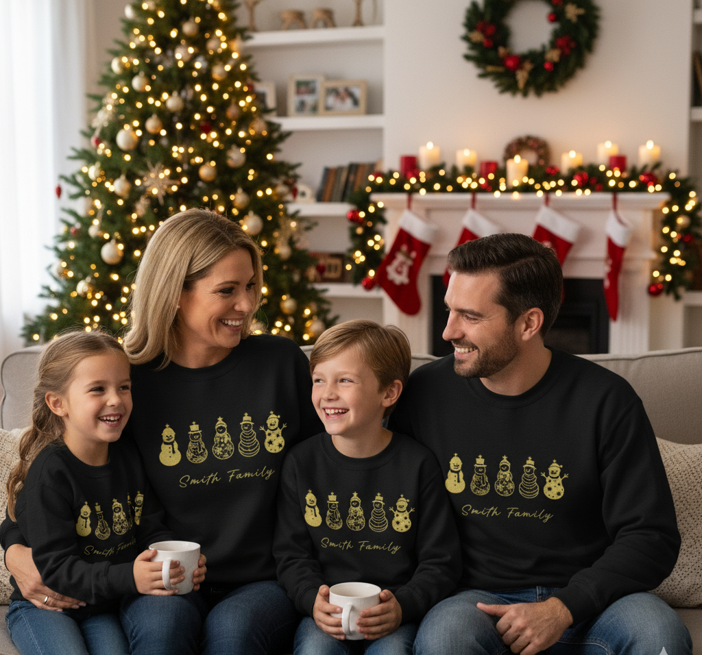 Personalized family Christmas sweaters, Christmas outfits for siblings, children, babies, couples - Snowman Crewneck Sweatshirt, Gold Holiday Snowmen Graphic.