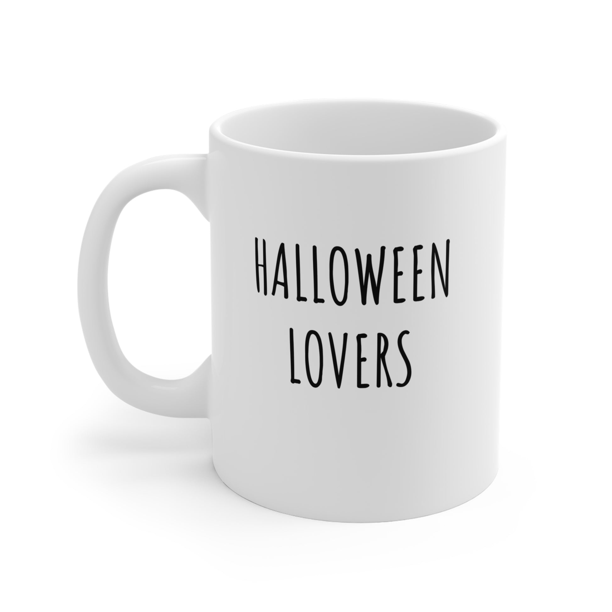 White mug with 'HALLOWEEN LOVERS' text on a white background