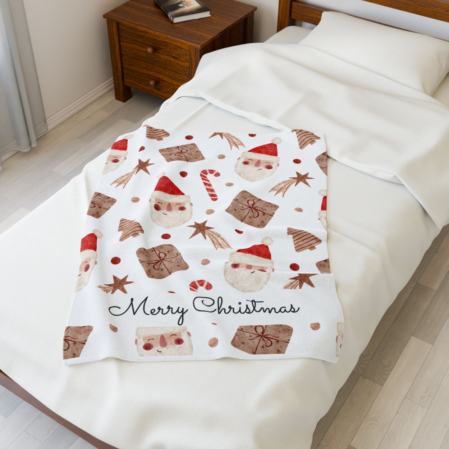 "Merry Christmas" Velveteen Plush Blanket, Santa & Gifts Holiday Throw