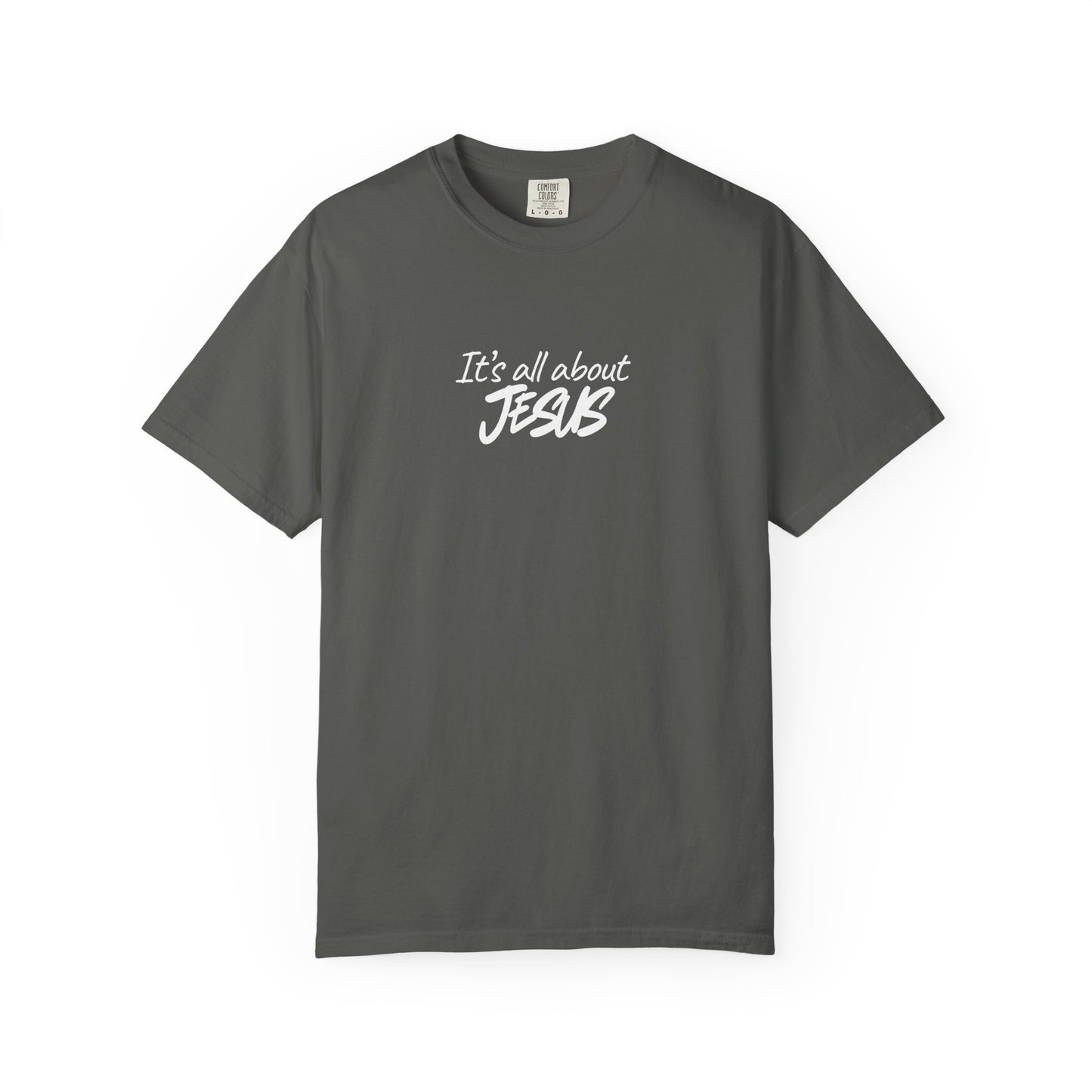 Gray t-shirt with 'It's all about Jesus' text on a white background
