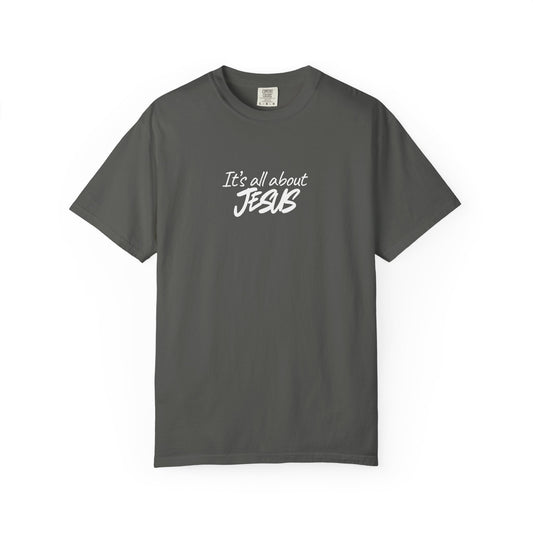Gray t-shirt with 'It's all about Jesus' text on a white background