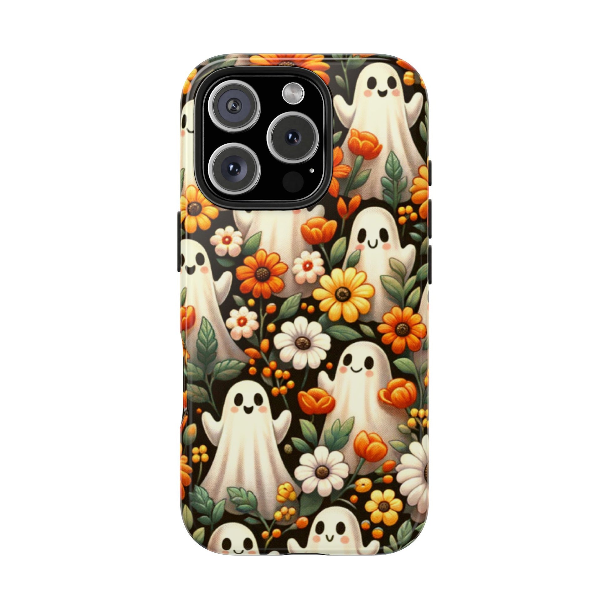 Phone case with Halloween-themed design featuring ghosts and flowers on a black background