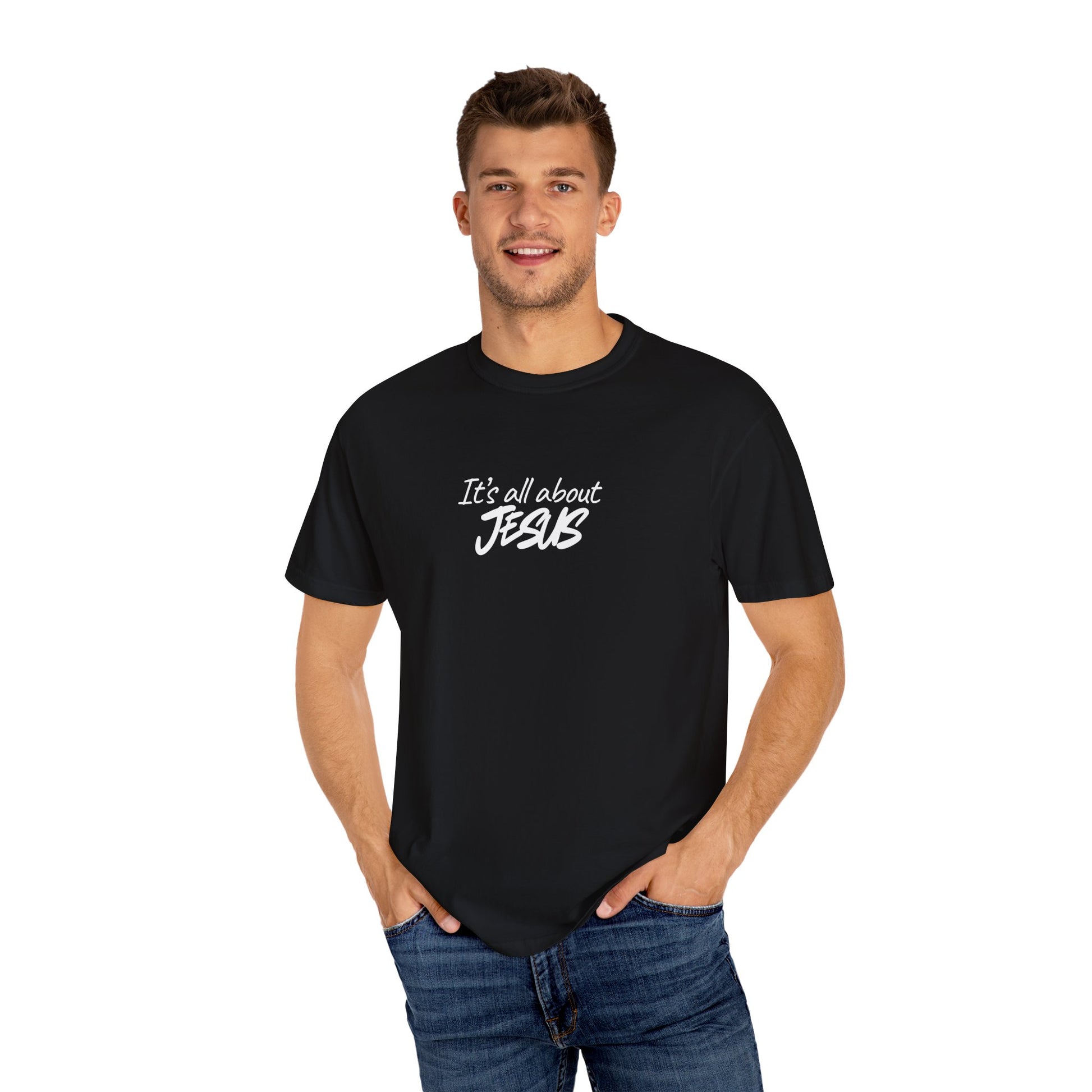 Man wearing a black t-shirt with 'It's all about JB' text on a white background