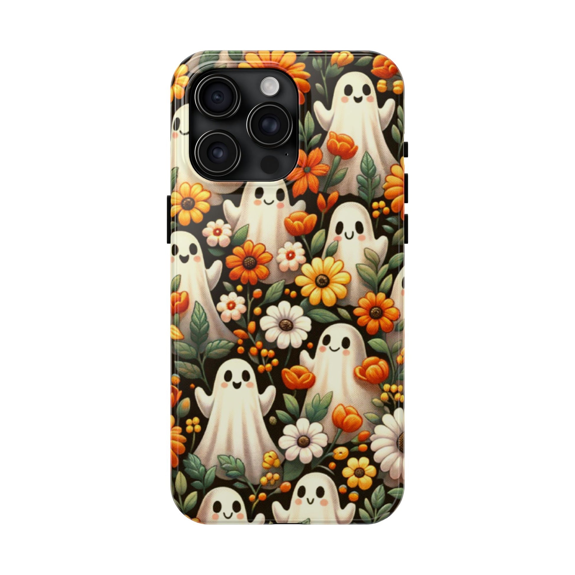Phone case with cartoon ghosts and flowers on a white background