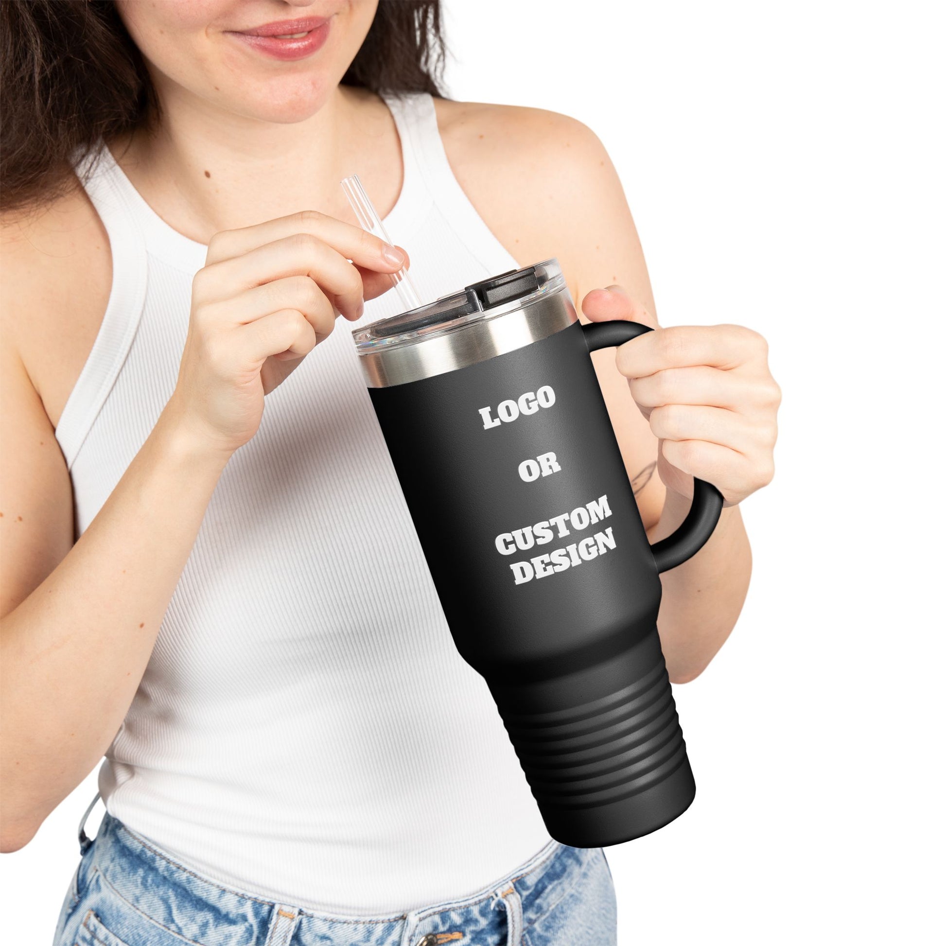 Insulated travel mug with corporate logo customization, leak-resistant lid and straw