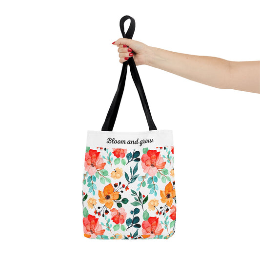 Floral tote bag side view showing boxed corners and laminated interior structure