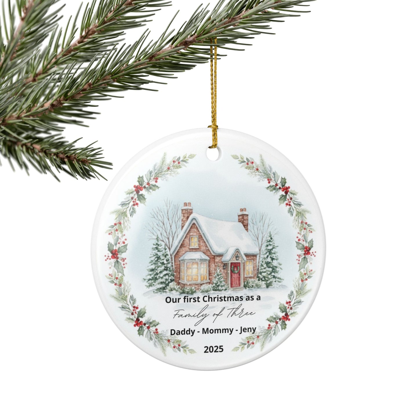Christmas ornament with a snowy scene and text on a white background