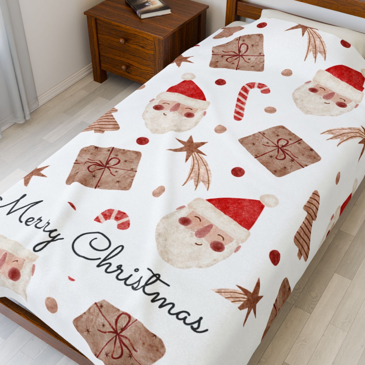 "Merry Christmas" Velveteen Plush Blanket, Santa & Gifts Holiday Throw