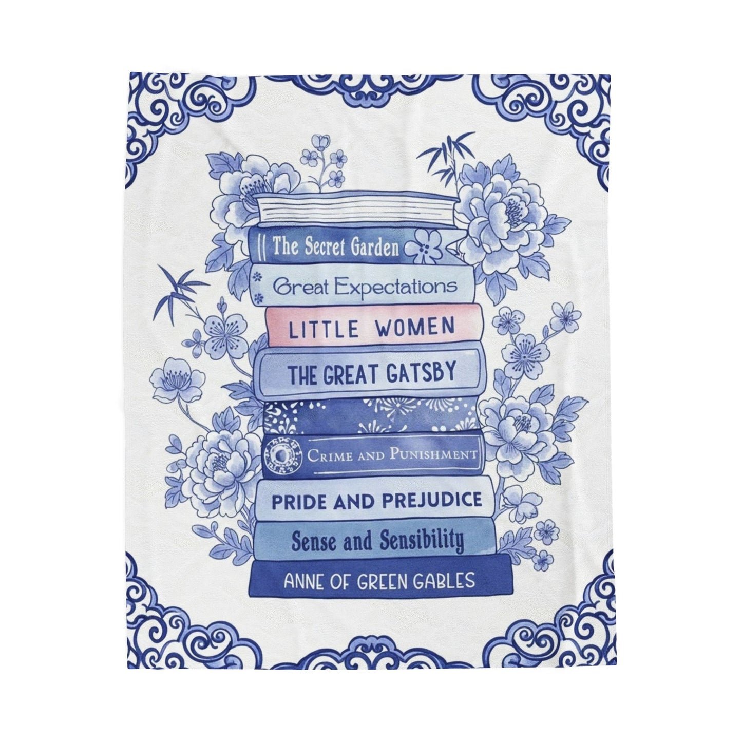 Blue chinoiserie blanket draped on couch, perfect for reading nook