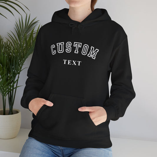 Person wearing custom text sweatshirt with kangaroo pocket