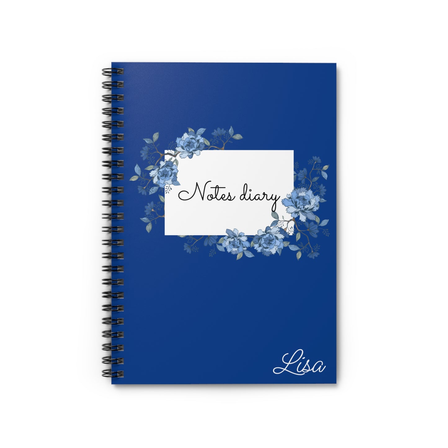 Blue notebook with floral design and 'Notes diary' text on a white background