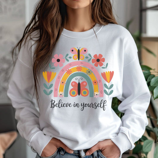 Inspirational Rainbow Sweatshirt | Cozy 'Believe in Yourself' Gift